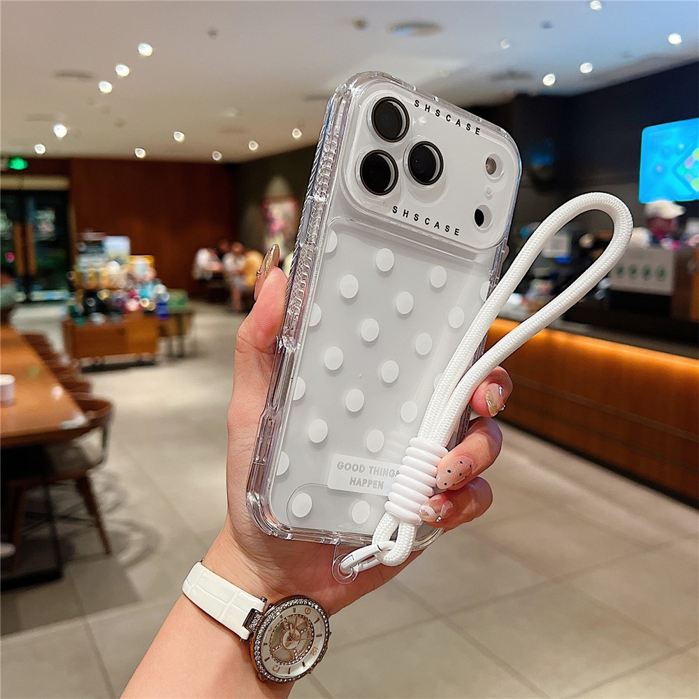 For iPhone 17 Pro Max Case Polka Dot Pattern PC + TPU Phone Cover with Lens Film  /  Strap - White