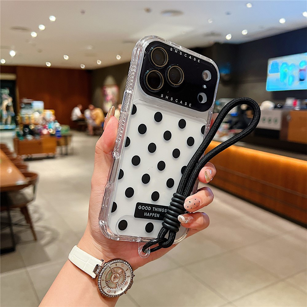 For iPhone 17 Pro Max Case Polka Dot Pattern PC + TPU Phone Cover with Lens Film  /  Strap - Black