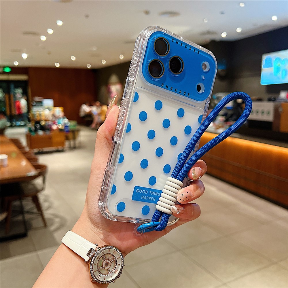 For iPhone 17 Pro Max Case Polka Dot Pattern PC + TPU Phone Cover with Lens Film  /  Strap - Blue