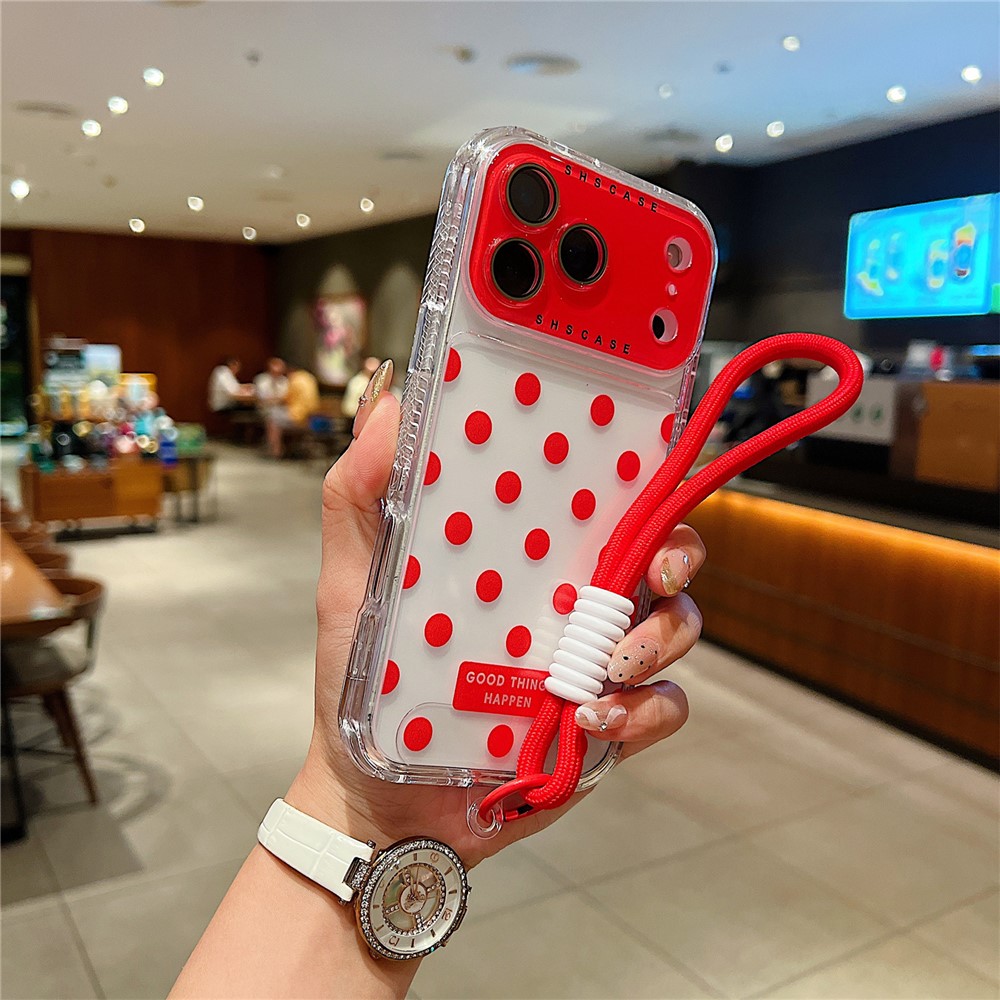 For iPhone 17 Pro Max Case Polka Dot Pattern PC + TPU Phone Cover with Lens Film  /  Strap - Red