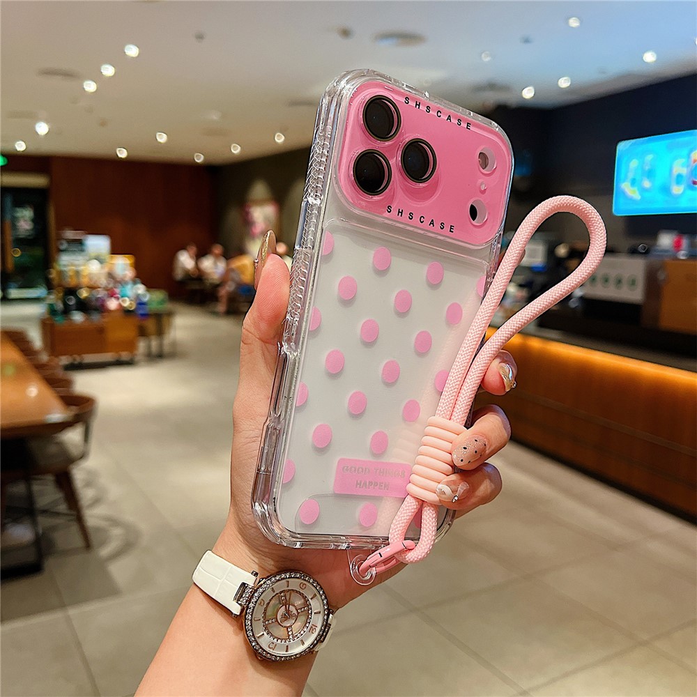 For iPhone 17 Pro Max Case Polka Dot Pattern PC + TPU Phone Cover with Lens Film / Strap - Pink