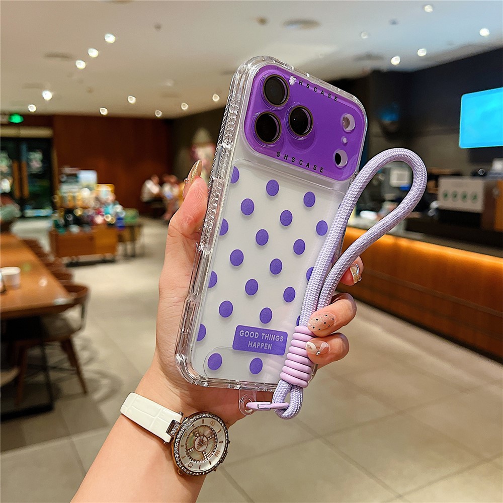 For iPhone 17 Pro Max Case Polka Dot Pattern PC + TPU Phone Cover with Lens Film / Strap - Purple