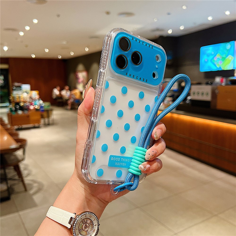 For iPhone 17 Pro Max Case Polka Dot Pattern PC + TPU Phone Cover with Lens Film / Strap - Sky Blue