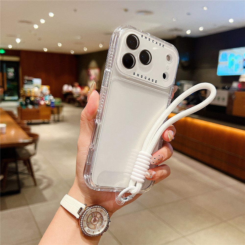 For iPhone 17 Pro Max Case Clear Colorful Frame Drop-Proof TPU + PC Phone Back Cover with Lens Film  /  Strap - White