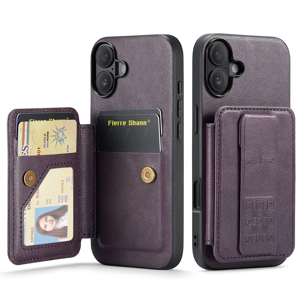 FIERRE SHANN 024 For iPhone 17 Case Card Holder Kickstand Waxy Texture Leather + TPU Phone Cover - Purple