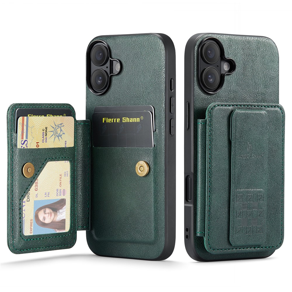 FIERRE SHANN 024 For iPhone 17 Case Card Holder Kickstand Waxy Texture Leather + TPU Phone Cover - Green