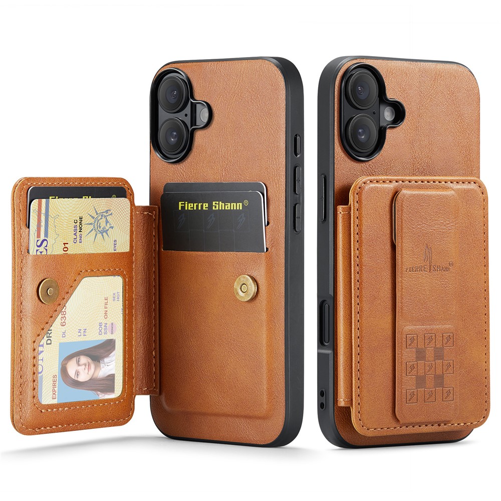 FIERRE SHANN 024 For iPhone 17 Case Card Holder Kickstand Waxy Texture Leather + TPU Phone Cover - Brown