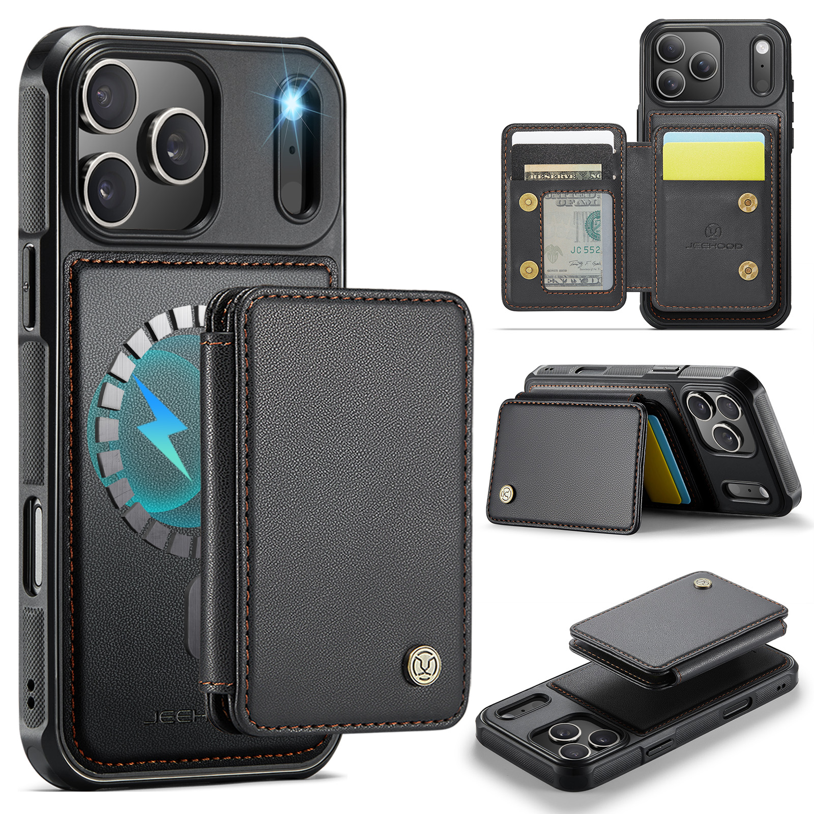For iPhone 17 Pro Max Case JEEHOOD J05 Leather Mobile Cover with Detachable Magnetic Card Bag - Black