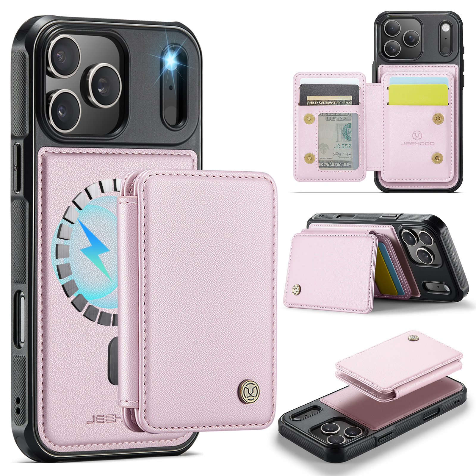 For iPhone 17 Pro Max Case JEEHOOD J05 Leather Mobile Cover with Detachable Magnetic Card Bag - Pink