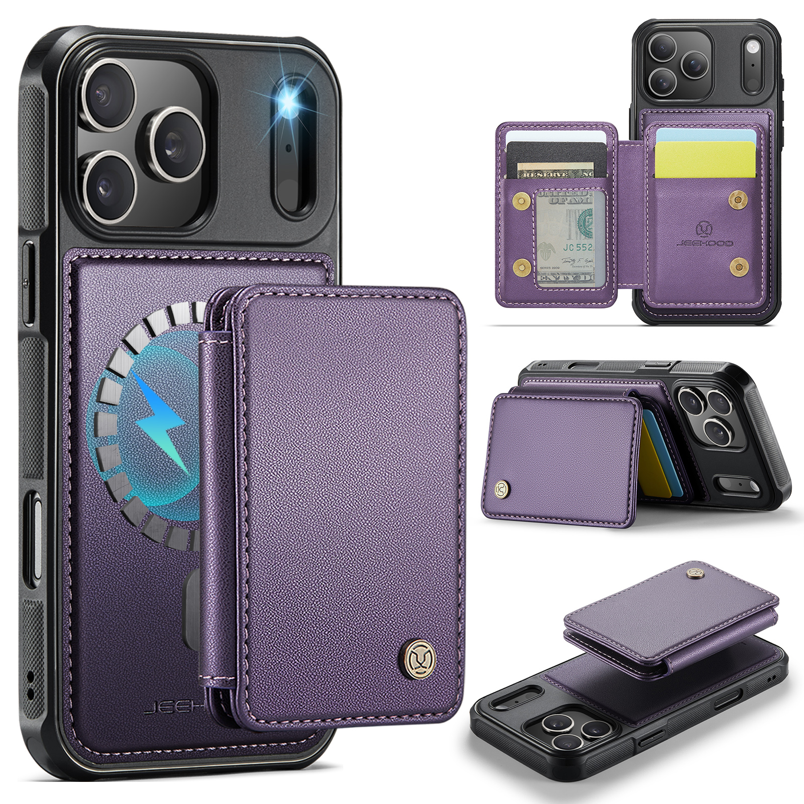 For iPhone 17 Pro Case JEEHOOD J05 Leather Mobile Cover with Detachable Magnetic Card Bag - Purple