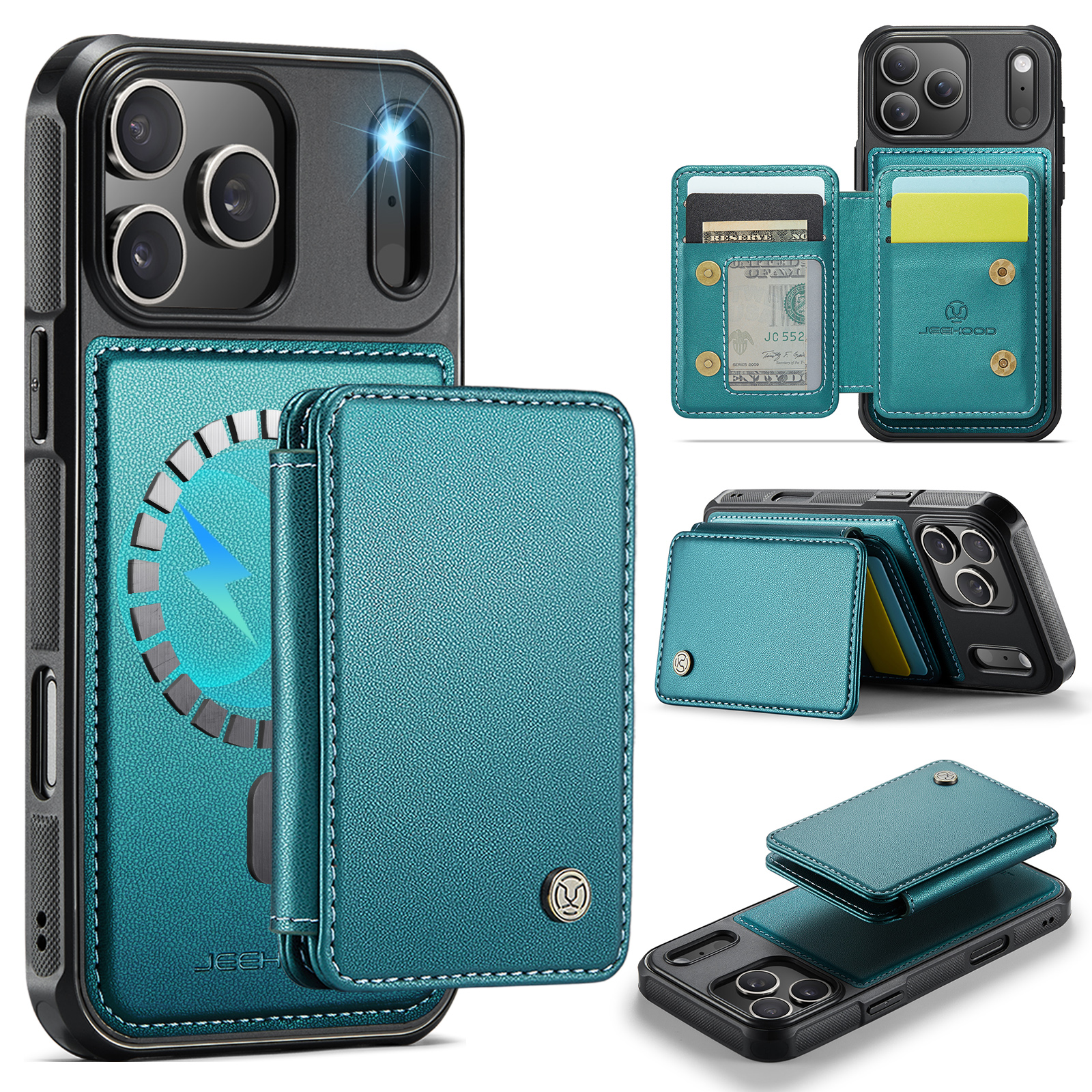 For iPhone 17 Pro Case JEEHOOD J05 Leather Mobile Cover with Detachable Magnetic Card Bag - Blue