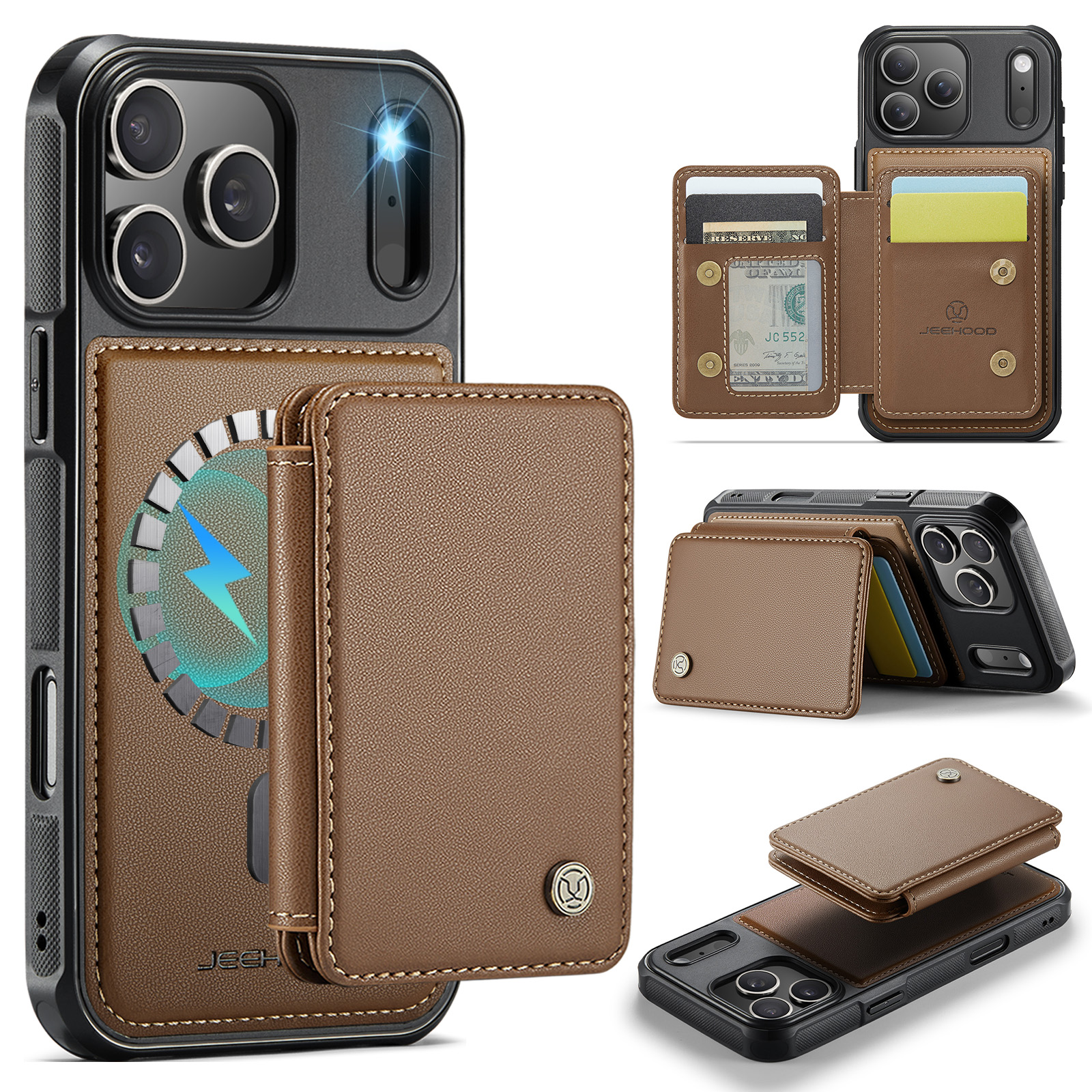 For iPhone 17 Pro Case JEEHOOD J05 Leather Mobile Cover with Detachable Magnetic Card Bag - Brown