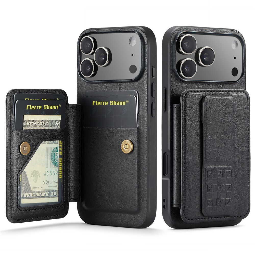 FIERRE SHANN 024 For iPhone 17 Pro Max Case Card Holder Kickstand Waxy Texture Leather + TPU Phone Cover - Black