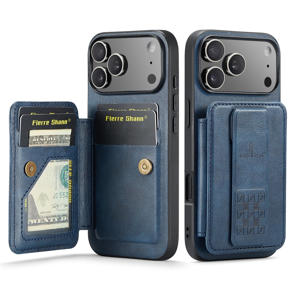 FIERRE SHANN 024 For iPhone 17 Pro Max Case Card Holder Kickstand Waxy Texture Leather + TPU Phone Cover - Blue
