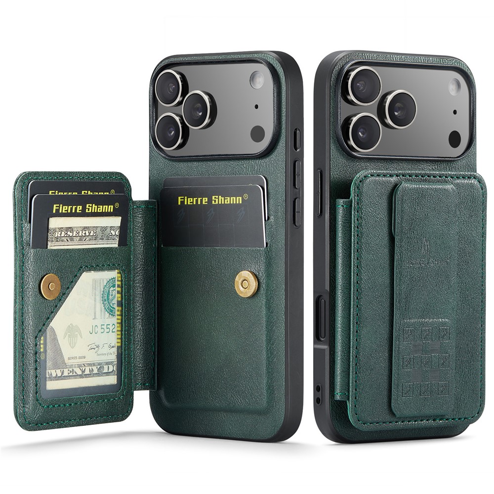 FIERRE SHANN 024 For iPhone 17 Pro Max Case Card Holder Kickstand Waxy Texture Leather + TPU Phone Cover - Green