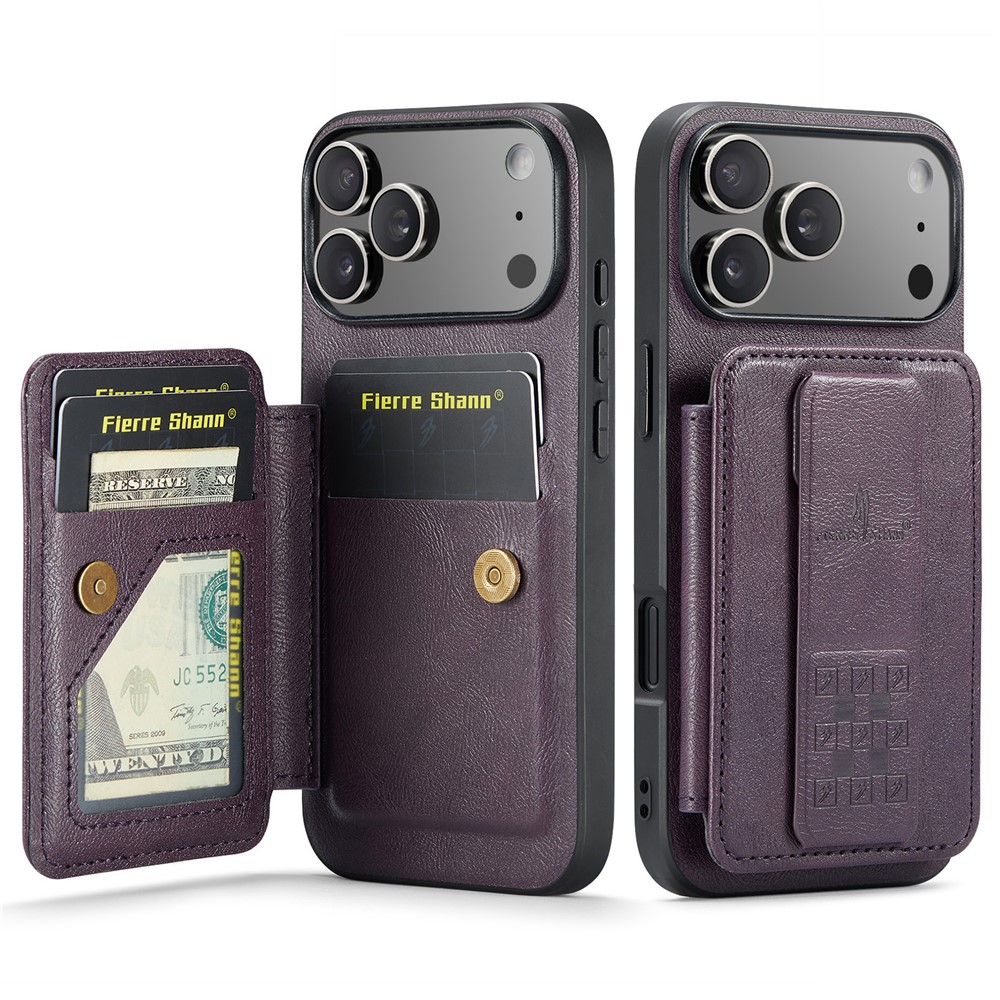 FIERRE SHANN 024 For iPhone 17 Pro Max Case Card Holder Kickstand Waxy Texture Leather + TPU Phone Cover - Purple