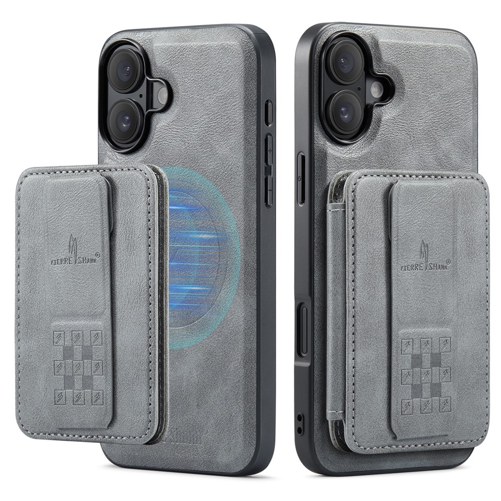 FIERRE SHANN 028 For iPhone 17 Case Magnetic Detachable Card Slots Leather Back Cover - Grey