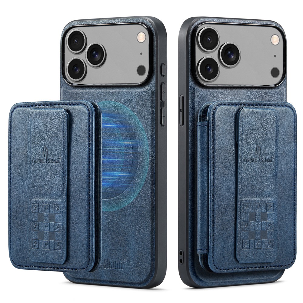 FIERRE SHANN 028 For iPhone 17 Pro Max Case Kickstand Leather Back Cover with Magnetic Detachable Card Slots - Blue