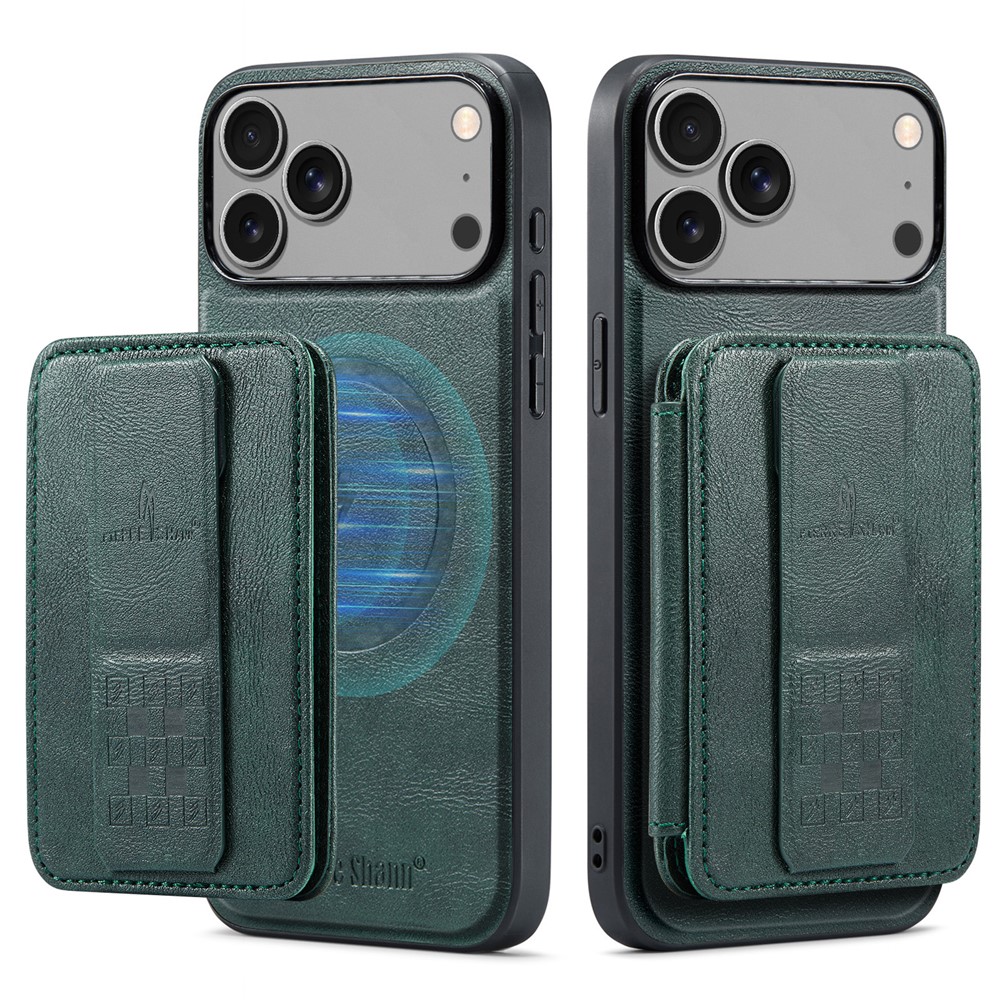 FIERRE SHANN 028 For iPhone 17 Pro Max Case Kickstand Leather Back Cover with Magnetic Detachable Card Slots - Green