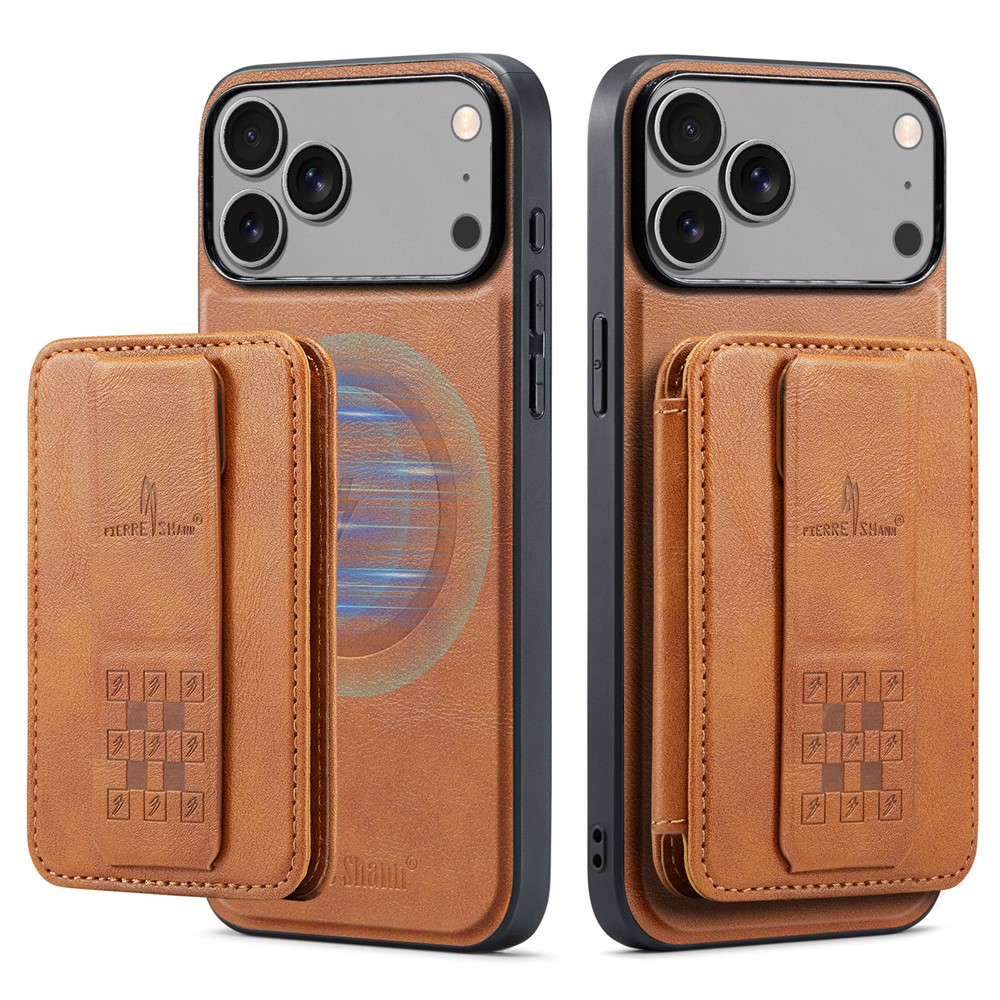 FIERRE SHANN 028 For iPhone 17 Pro Max Case Kickstand Leather Back Cover with Magnetic Detachable Card Slots - Brown