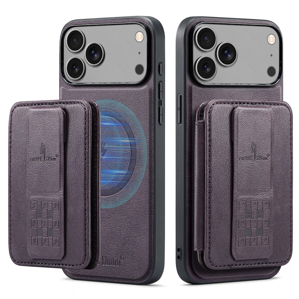 FIERRE SHANN 028 For iPhone 17 Pro Max Case Kickstand Leather Back Cover with Magnetic Detachable Card Slots - Purple
