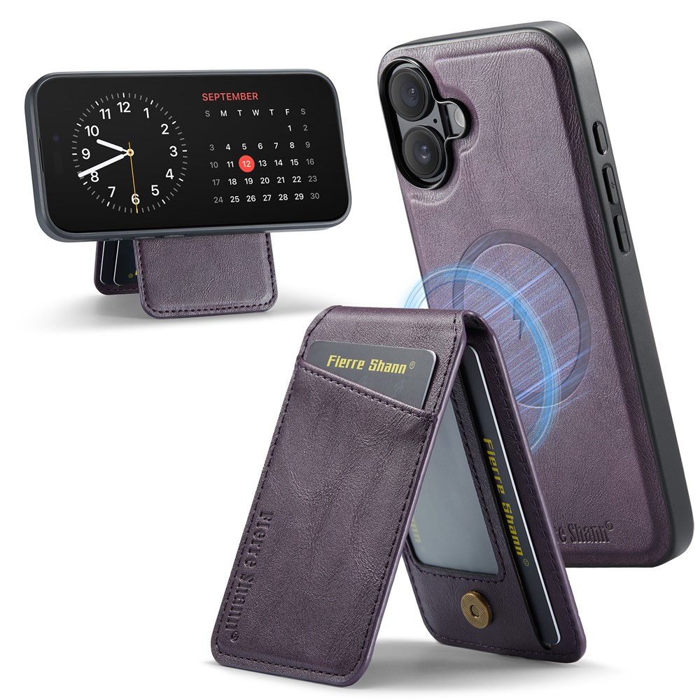 FIERRE SHANN 025 Style For iPhone 17 Case Leather + TPU Detachable Card Slots Phone Cover - Purple