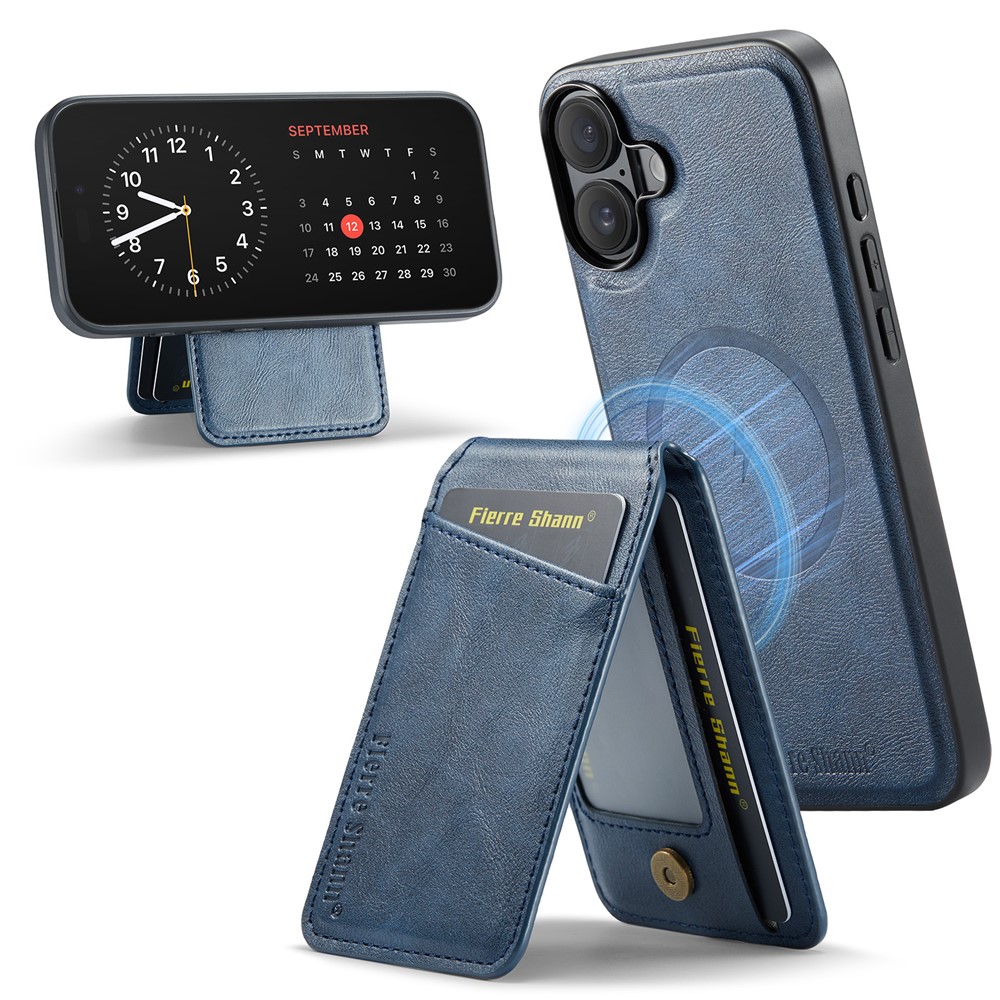 FIERRE SHANN 025 Style For iPhone 17 Case Leather + TPU Detachable Card Slots Phone Cover - Blue