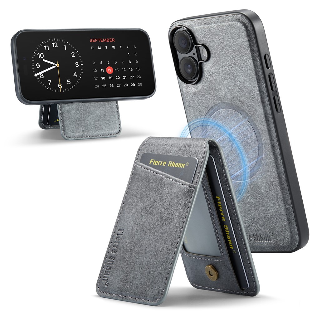 FIERRE SHANN 025 Style For iPhone 17 Case Leather + TPU Detachable Card Slots Phone Cover - Grey