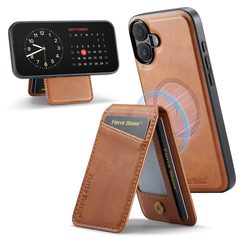 FIERRE SHANN 025 Style For iPhone 17 Case Leather + TPU Detachable Card Slots Phone Cover - Brown