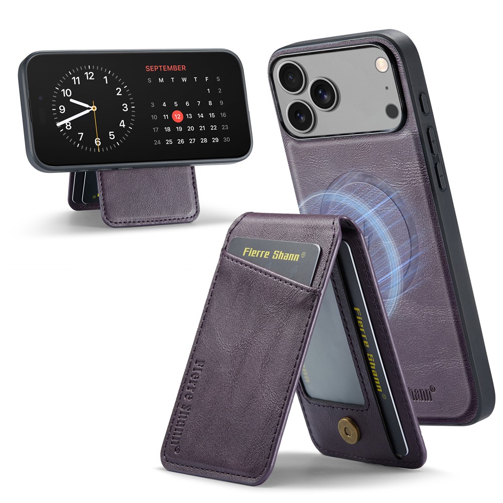FIERRE SHANN 025 Style For iPhone 17 Pro Max Case Leather + TPU Detachable Card Slots Phone Cover - Purple