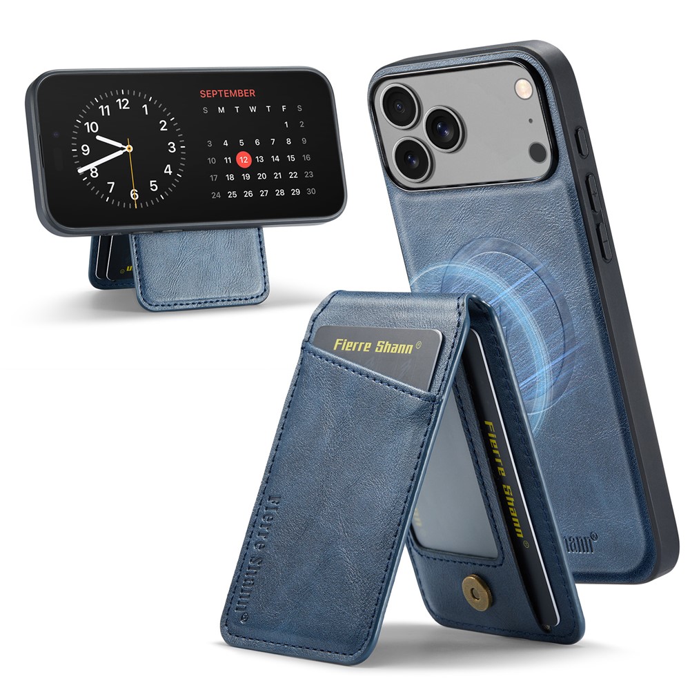FIERRE SHANN 025 Style For iPhone 17 Pro Max Case Leather + TPU Detachable Card Slots Phone Cover - Blue
