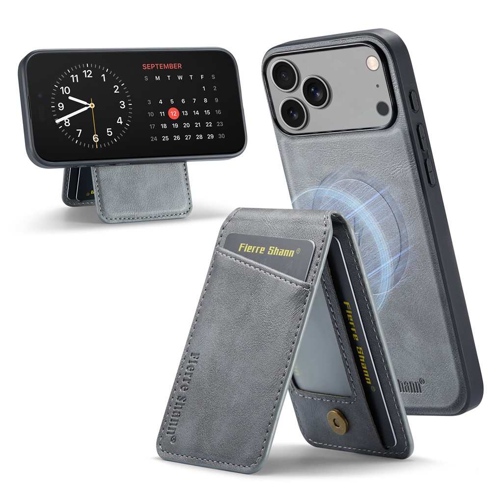 FIERRE SHANN 025 Style For iPhone 17 Pro Max Case Leather + TPU Detachable Card Slots Phone Cover - Grey