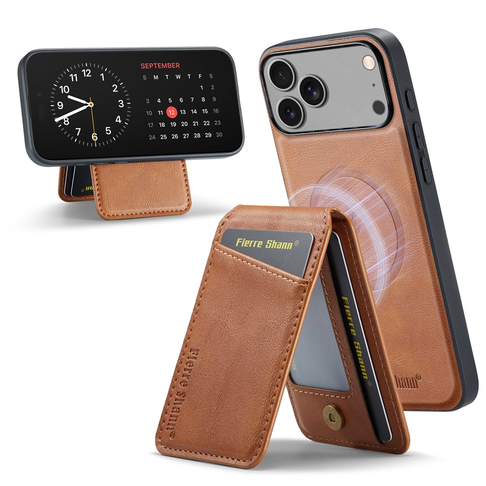 FIERRE SHANN 025 Style For iPhone 17 Pro Max Case Leather + TPU Detachable Card Slots Phone Cover - Brown