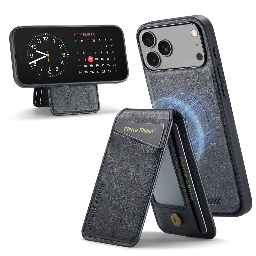 FIERRE SHANN 025 Style For iPhone 17 Pro Max Case Leather + TPU Detachable Card Slots Phone Cover - Black