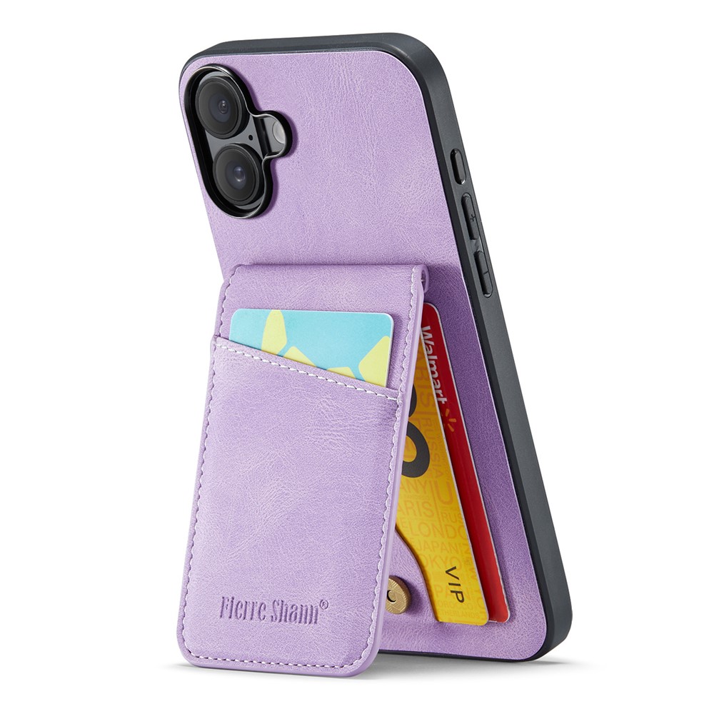 FIERRE SHANN 023 For iPhone 17 Case Card Holder Kickstand Leather RFID Blocking Back Cover - Purple