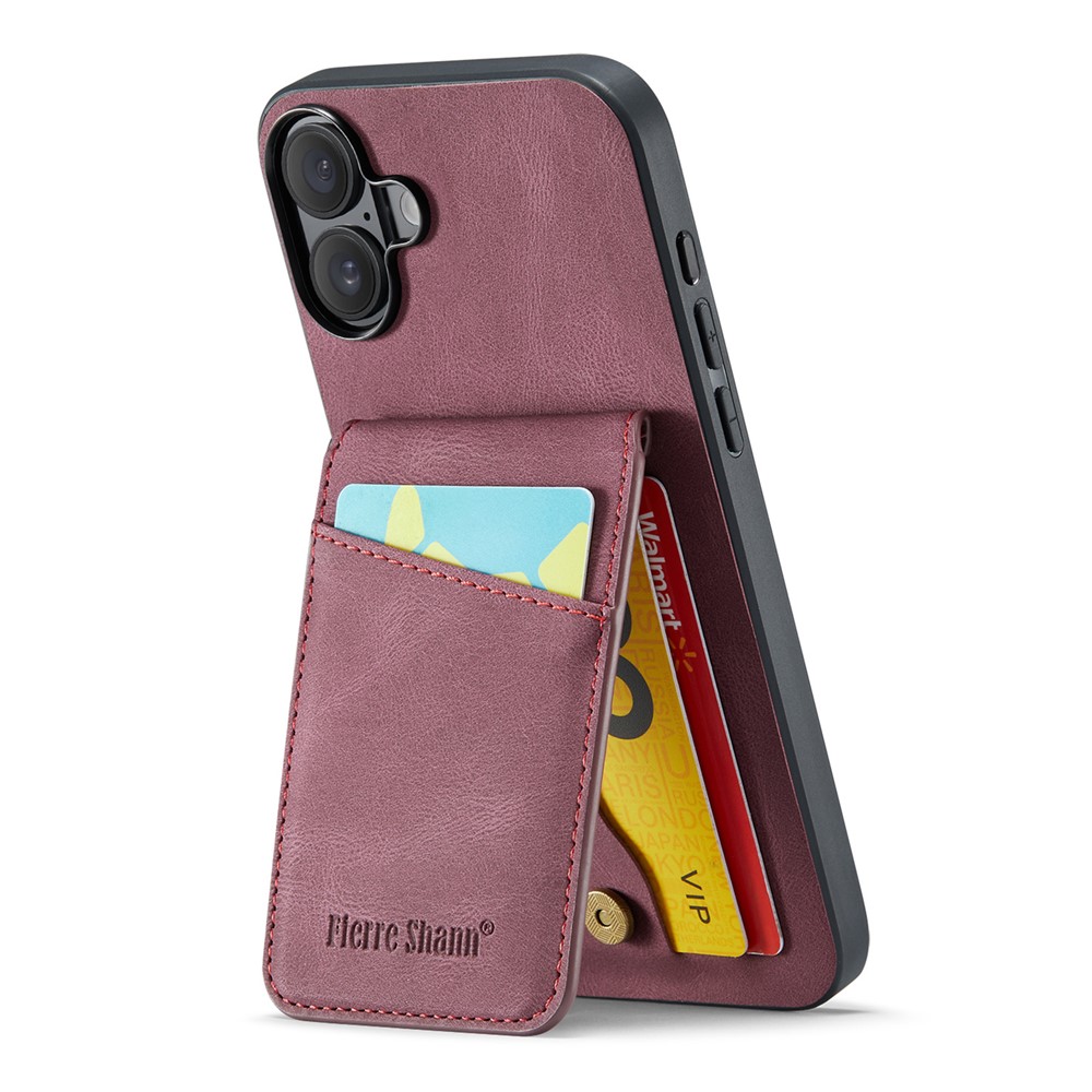 FIERRE SHANN 023 For iPhone 17 Case Card Holder Kickstand Leather RFID Blocking Back Cover - Wine Red