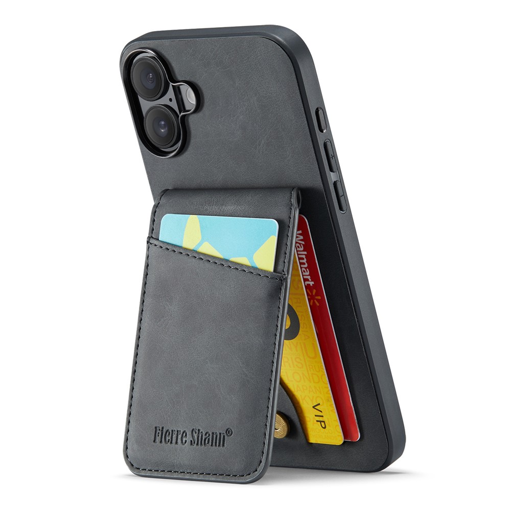FIERRE SHANN 023 For iPhone 17 Case Card Holder Kickstand Leather RFID Blocking Back Cover - Black