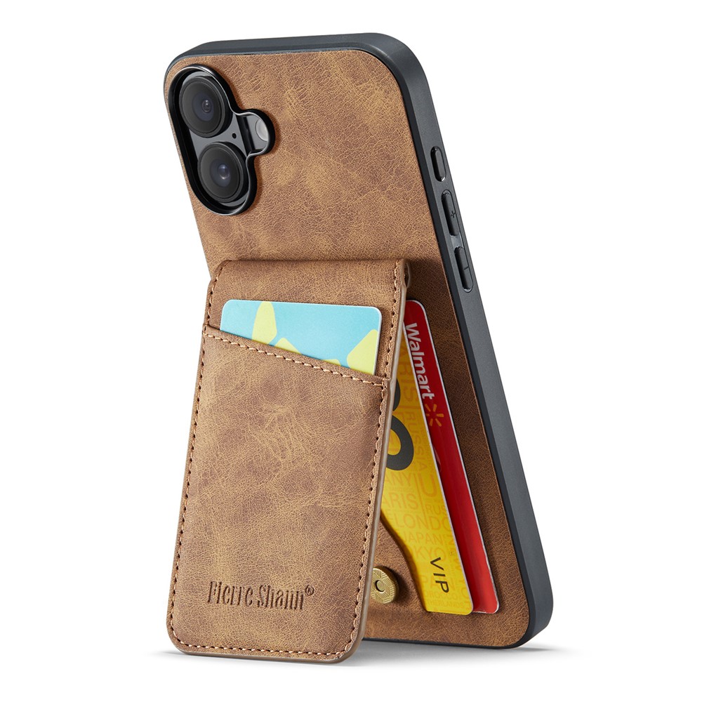 FIERRE SHANN 023 For iPhone 17 Case Card Holder Kickstand Leather RFID Blocking Back Cover - Brown
