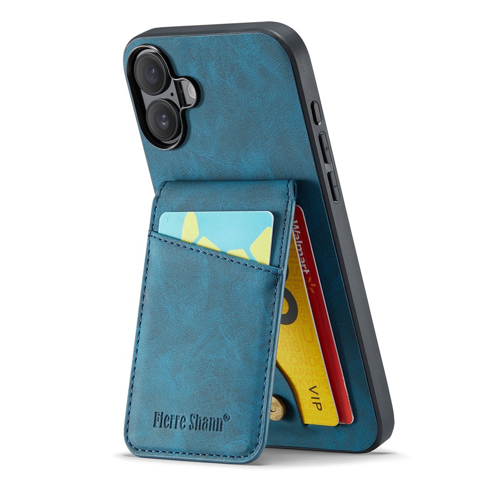 FIERRE SHANN 023 For iPhone 17 Case Card Holder Kickstand Leather RFID Blocking Back Cover - Blue