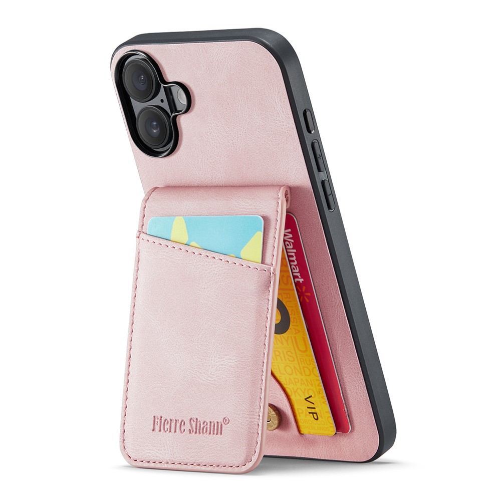 FIERRE SHANN 023 For iPhone 17 Case Card Holder Kickstand Leather RFID Blocking Back Cover - Pink