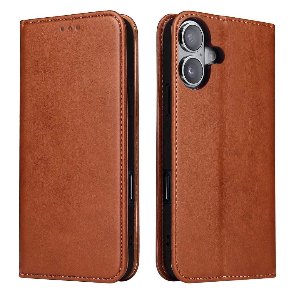 FIERRE SHANN For iPhone 17 Case PU Leather Flip Stand Wallet Phone Cover - Brown
