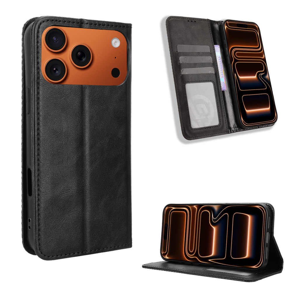 For iPhone 17 Pro Max Leather Case Wallet Stand Retro Texture Phone Cover - Black