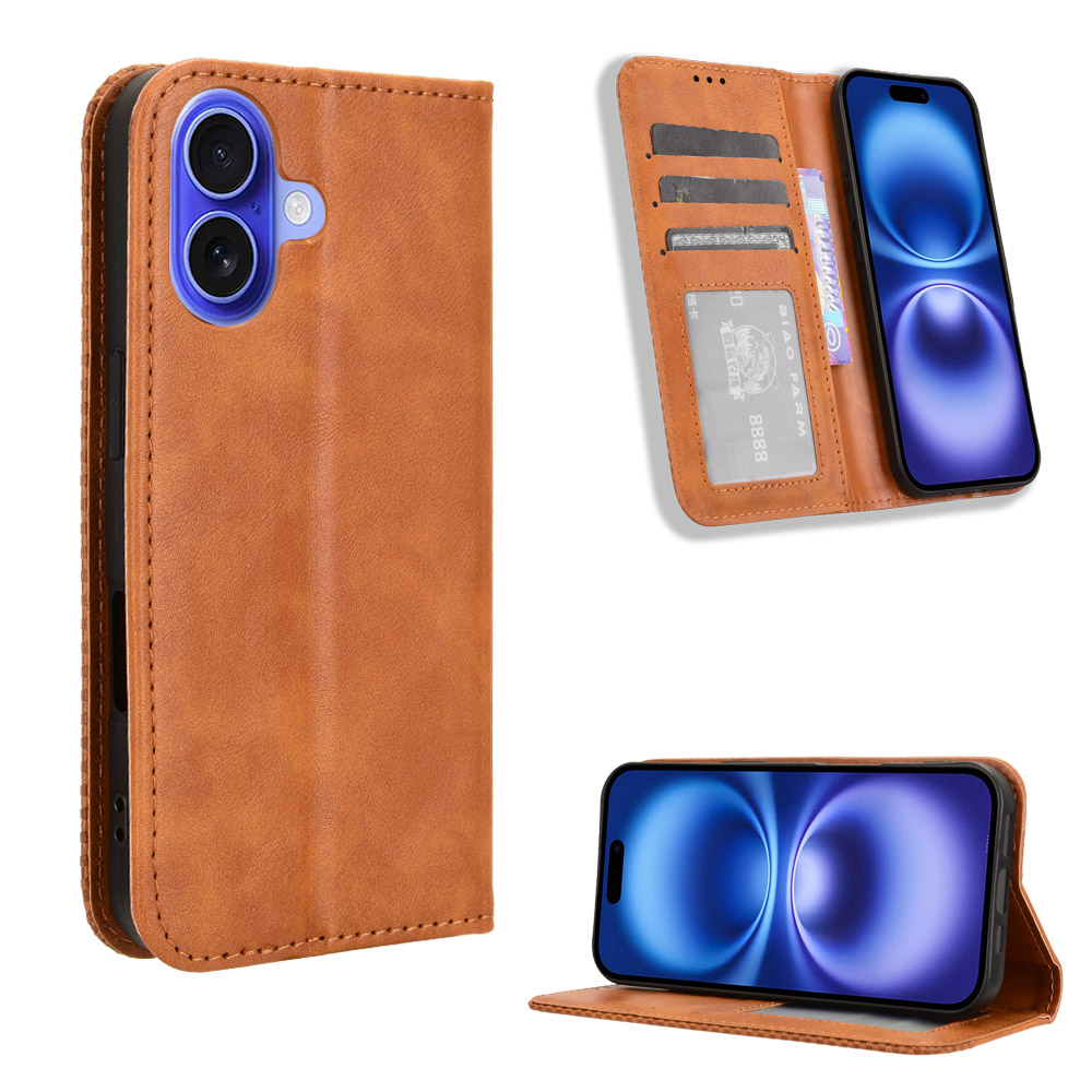 For iPhone 17 Leather Case Wallet Stand Retro Texture Phone Cover - Brown