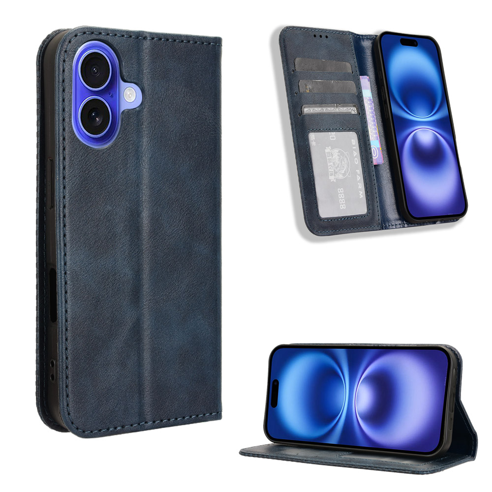 For iPhone 17 Leather Case Wallet Stand Retro Texture Phone Cover - Blue