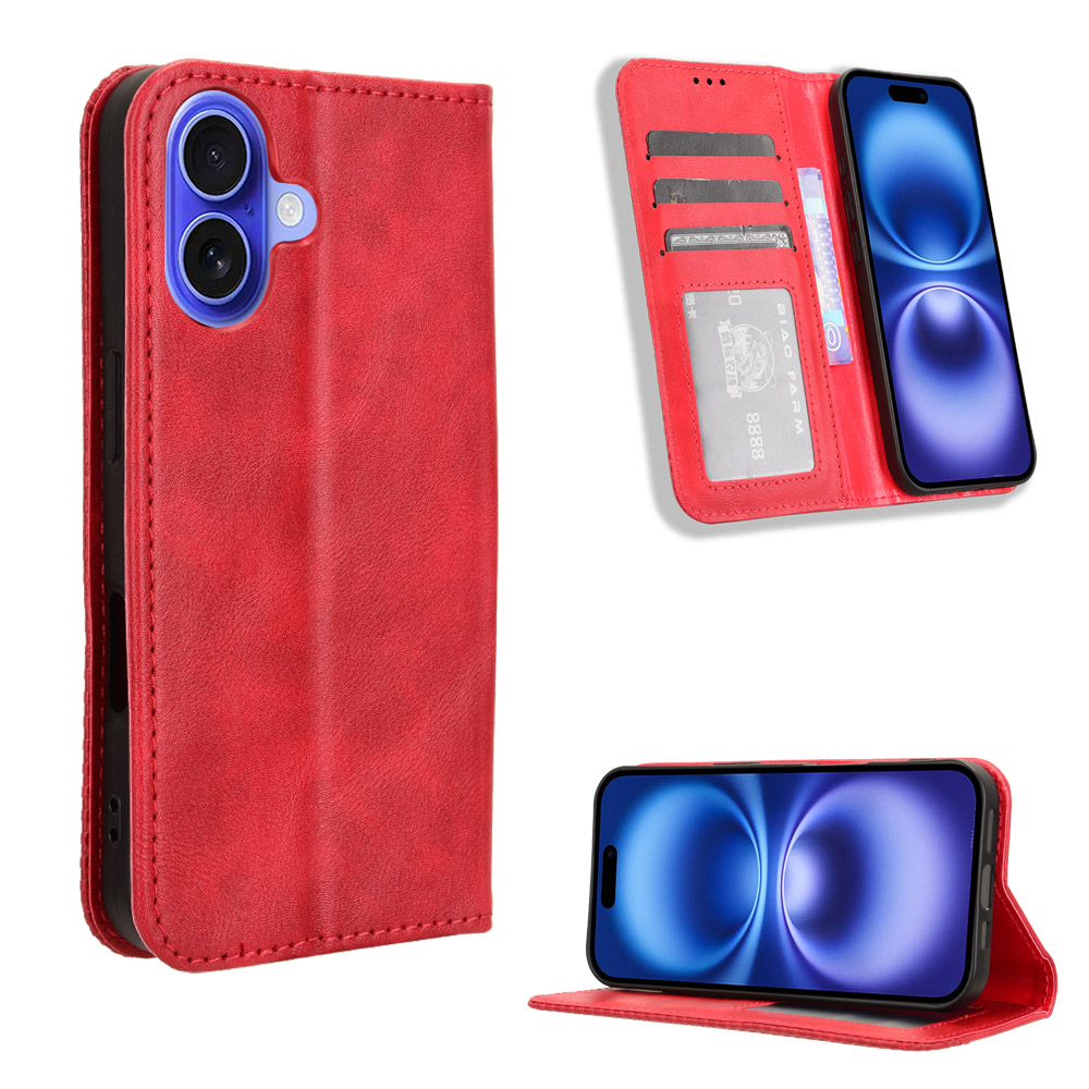 For iPhone 17 Leather Case Wallet Stand Retro Texture Phone Cover - Red