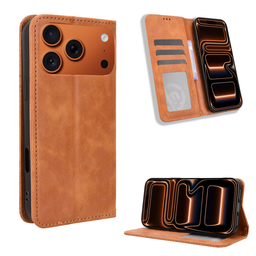 For iPhone 17 Pro Leather Case Wallet Stand Retro Texture Phone Cover - Brown