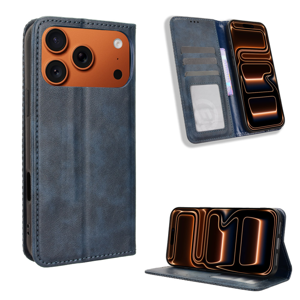 For iPhone 17 Pro Leather Case Wallet Stand Retro Texture Phone Cover - Blue