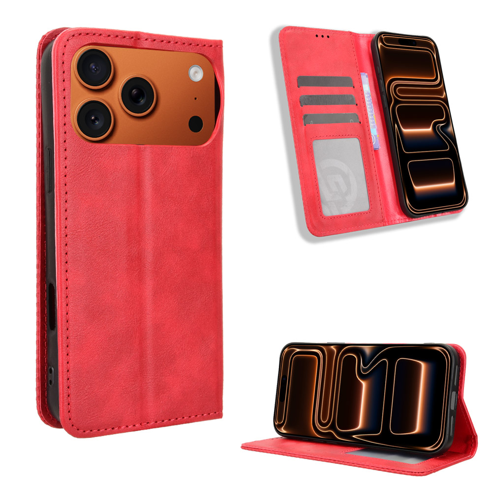 For iPhone 17 Pro Leather Case Wallet Stand Retro Texture Phone Cover - Red