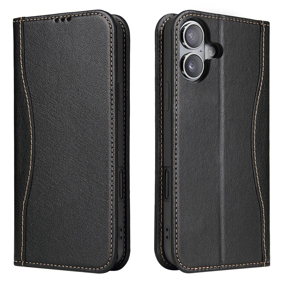 FIERRE SHANN For iPhone 17 Case Wallet Stitching Craft Genuine Cow Leather Phone Cover - Black