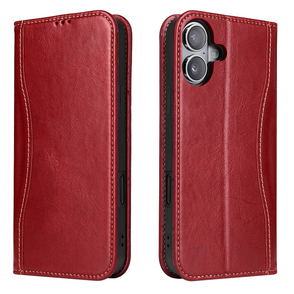 FIERRE SHANN For iPhone 17 Case Wallet Stitching Craft Genuine Cow Leather Phone Cover - Red